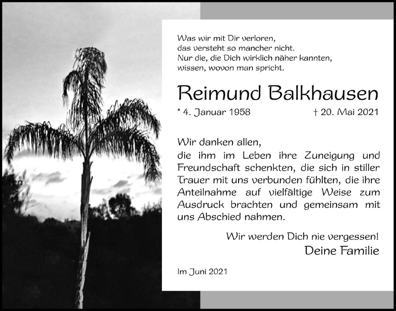  Traueranzeige für Reimund Balkhausen vom 19.06.2021 aus  Blickpunkt Euskirchen 