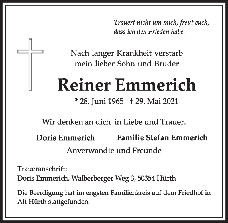  Traueranzeige für Reiner Emmerich vom 11.06.2021 aus  Wochenende 
