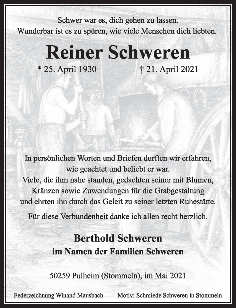  Traueranzeige für Reiner Schweren vom 04.06.2021 aus  Wochenende 
