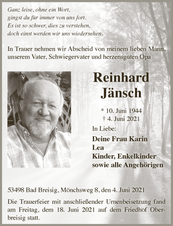 Anzeige von Reinhard Jänsch von  Extra Blatt 