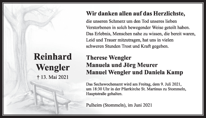  Traueranzeige für Reinhard Wengler vom 18.06.2021 aus  Wochenende 