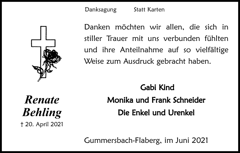  Traueranzeige für Renate Behling vom 30.06.2021 aus Kölner Stadt-Anzeiger / Kölnische Rundschau / Express