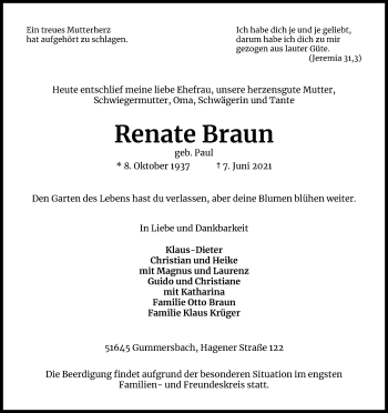 Anzeige von Renate Braun von Kölner Stadt-Anzeiger / Kölnische Rundschau / Express