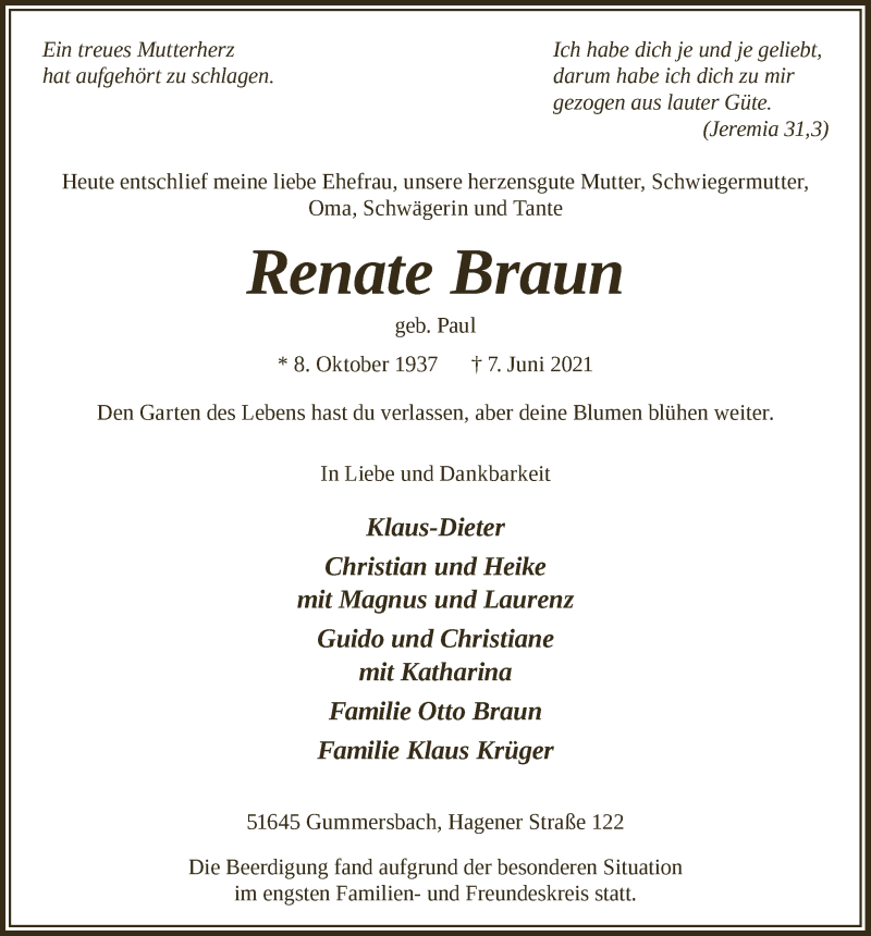  Traueranzeige für Renate Braun vom 18.06.2021 aus  Anzeigen Echo 