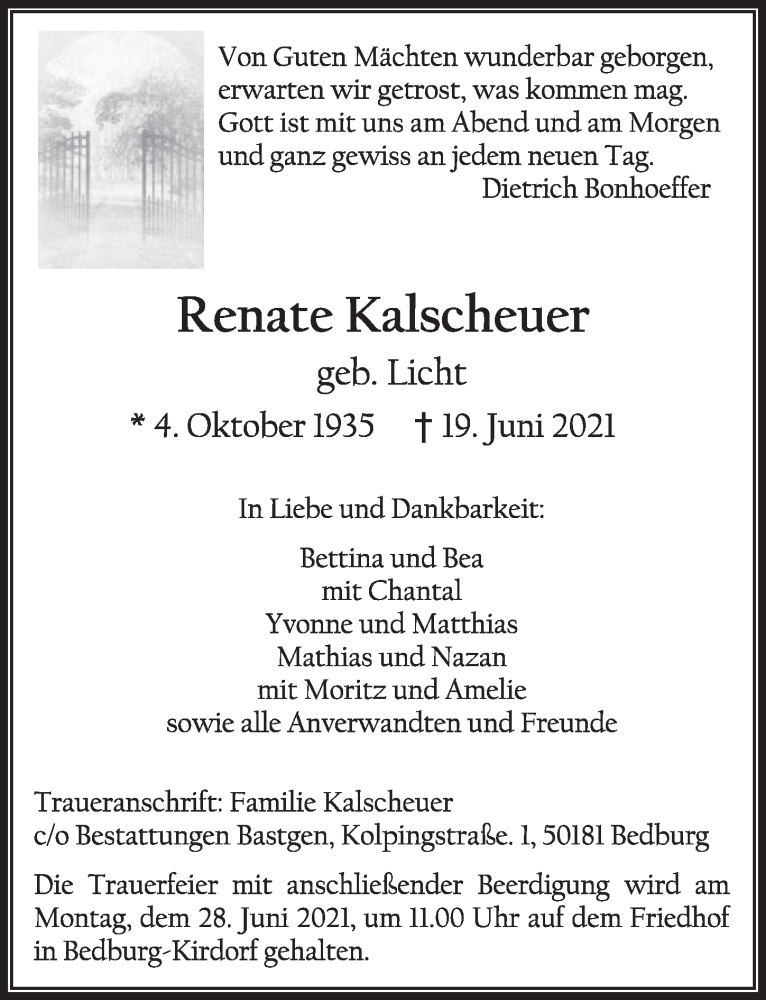  Traueranzeige für Renate Kalscheuer vom 25.06.2021 aus  Wochenende  Werbepost 