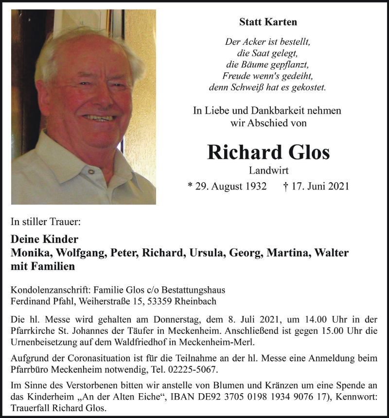  Traueranzeige für Richard Glos vom 25.06.2021 aus  Schaufenster/Blickpunkt 