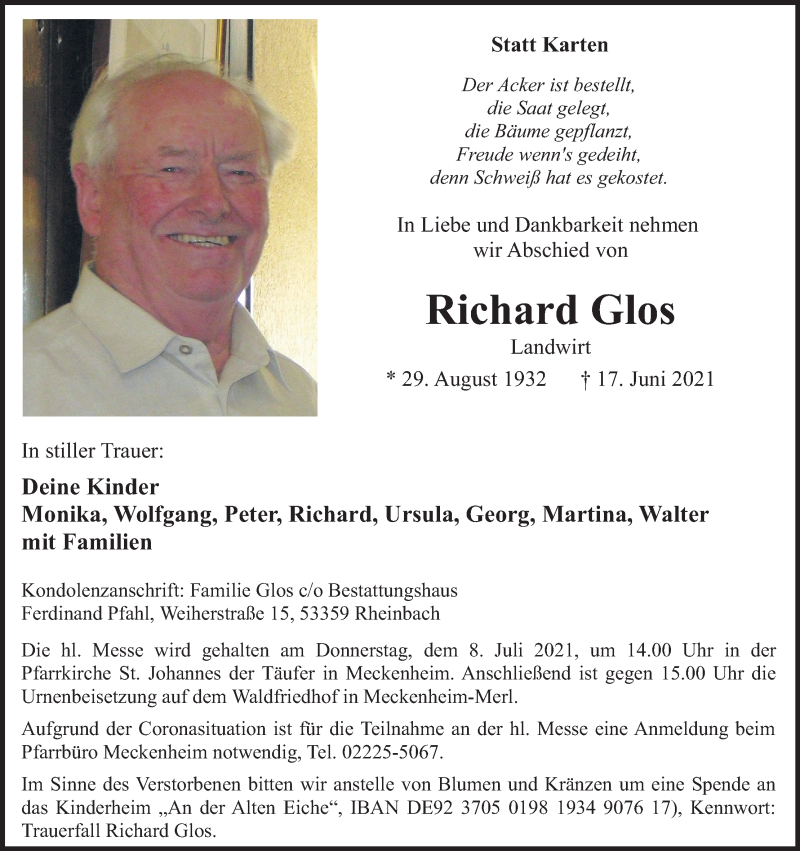  Traueranzeige für Richard Glos vom 30.06.2021 aus Kölner Stadt-Anzeiger / Kölnische Rundschau / Express