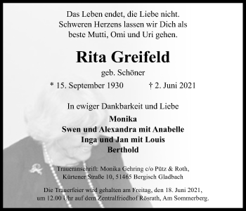 Anzeige von Rita Greifeld von Kölner Stadt-Anzeiger / Kölnische Rundschau / Express