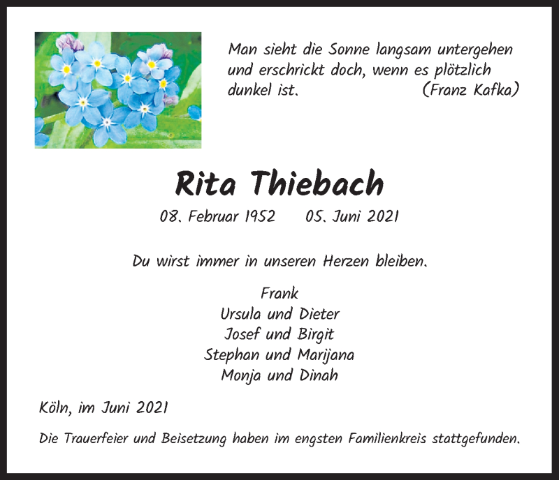  Traueranzeige für Rita Thiebach vom 26.06.2021 aus Kölner Stadt-Anzeiger / Kölnische Rundschau / Express