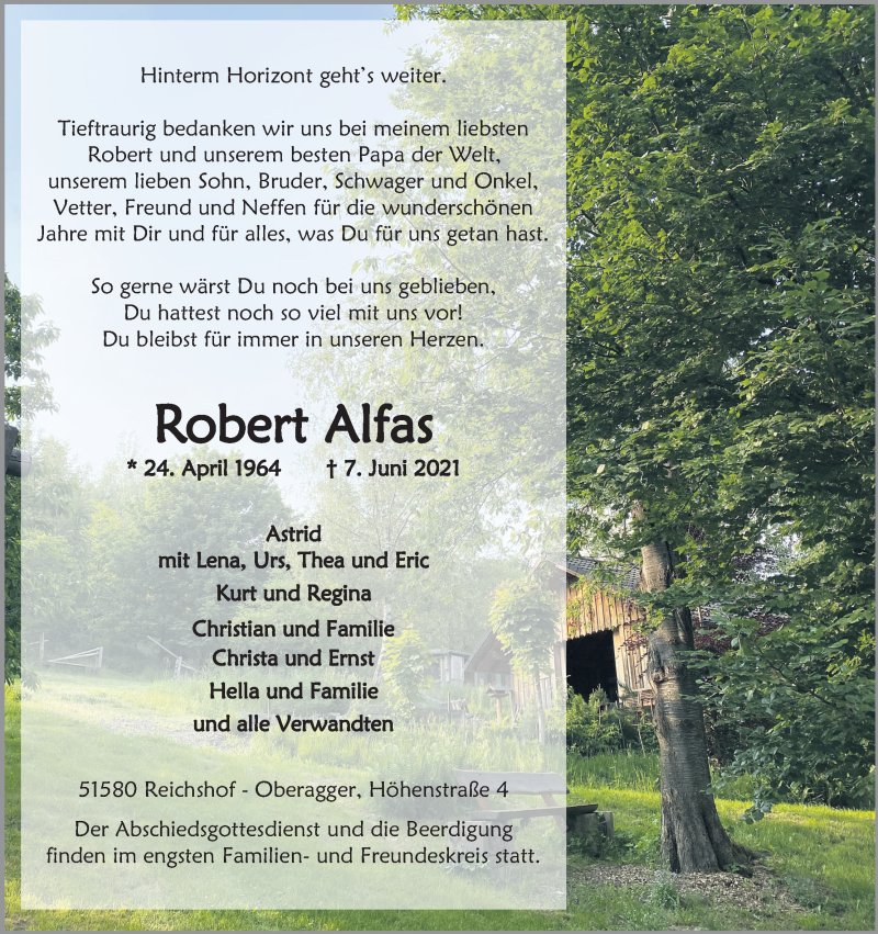  Traueranzeige für Robert Alfas vom 12.06.2021 aus Kölner Stadt-Anzeiger / Kölnische Rundschau / Express