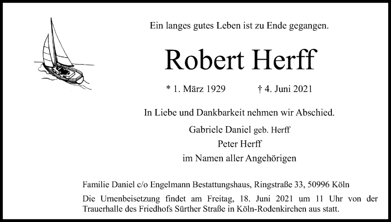  Traueranzeige für Robert Herff vom 12.06.2021 aus Kölner Stadt-Anzeiger / Kölnische Rundschau / Express