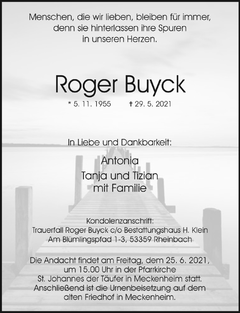  Traueranzeige für Roger Buyck vom 11.06.2021 aus  Schaufenster/Blickpunkt 
