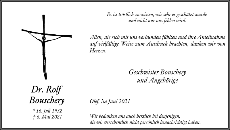 Traueranzeige für Rolf Bouschery vom 12.06.2021 aus Kölner Stadt-Anzeiger / Kölnische Rundschau / Express