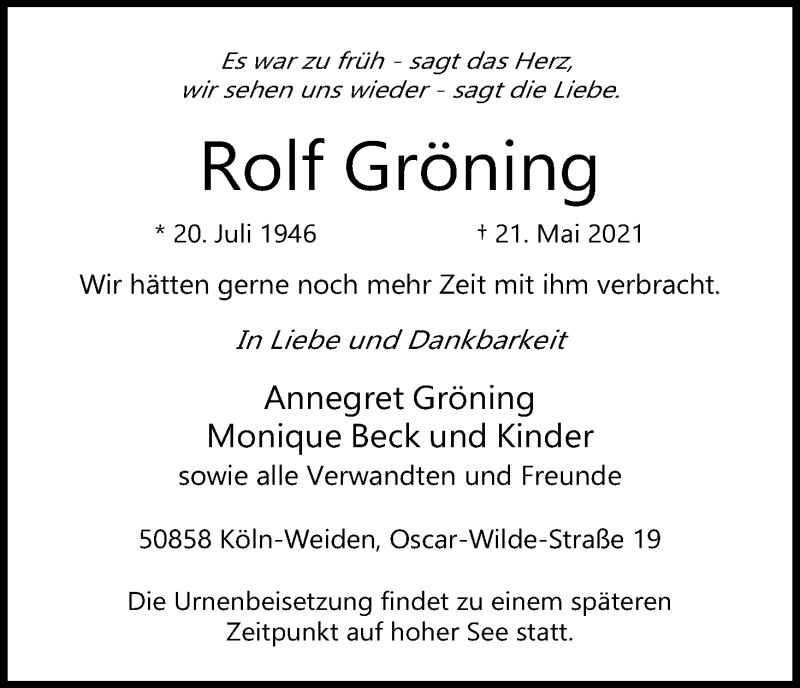 Traueranzeige für Rolf Gröning vom 05.06.2021 aus Kölner Stadt-Anzeiger / Kölnische Rundschau / Express