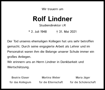 Anzeige von Rolf Lindner von Kölner Stadt-Anzeiger / Kölnische Rundschau / Express