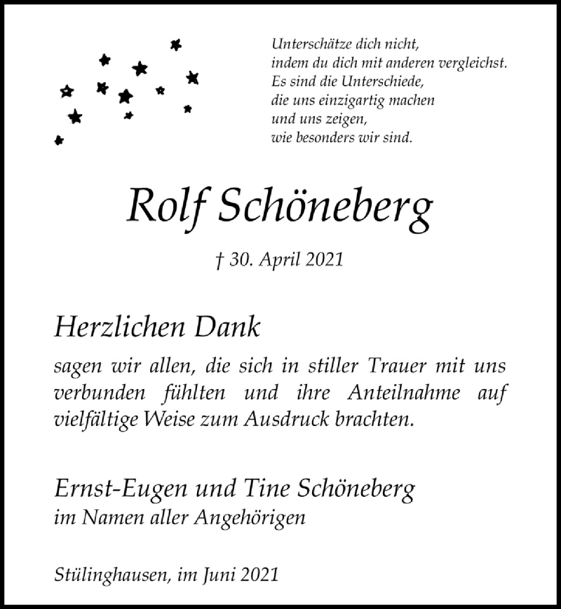  Traueranzeige für Rolf Schöneberg vom 11.06.2021 aus  Anzeigen Echo 