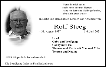 Anzeige von Rolf Steeg von Kölner Stadt-Anzeiger / Kölnische Rundschau / Express