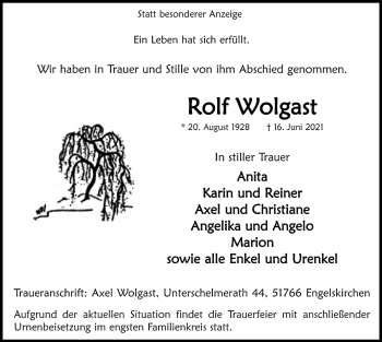 Anzeige von Rolf Wolgast von  Anzeigen Echo 