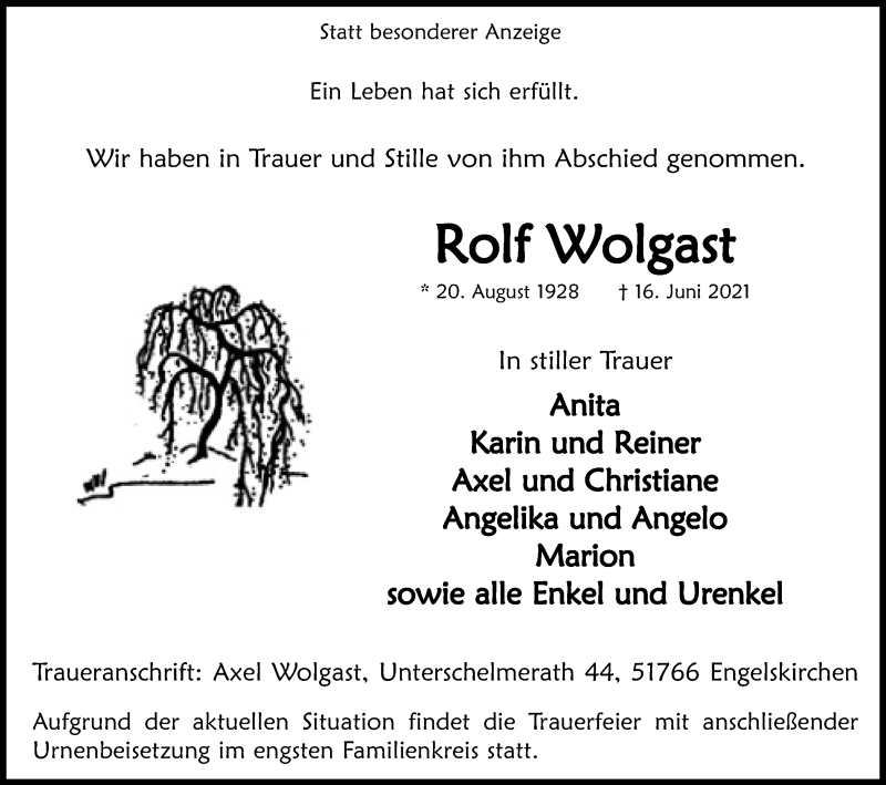  Traueranzeige für Rolf Wolgast vom 26.06.2021 aus Kölner Stadt-Anzeiger / Kölnische Rundschau / Express