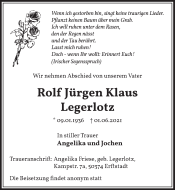 Anzeige von Rolf Jürgen Legerlotz von  Werbepost 