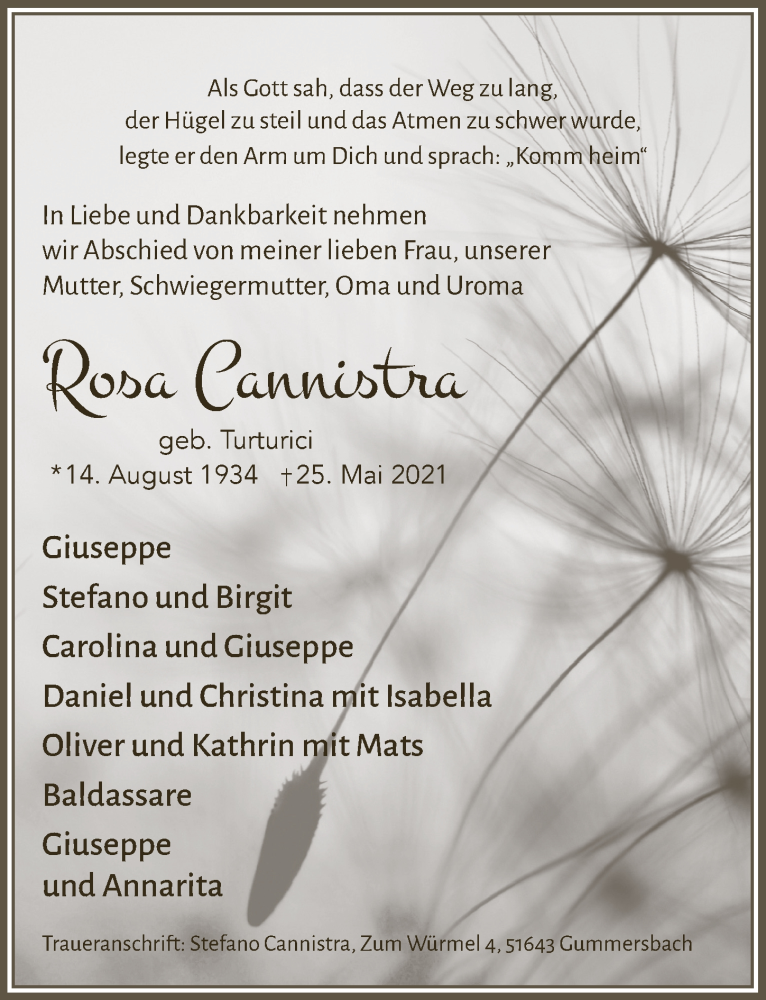  Traueranzeige für Rosa Cannistra vom 04.06.2021 aus  Anzeigen Echo 