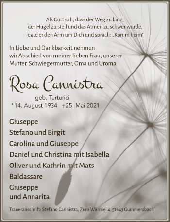 Anzeige von Rosa Cannistra von  Anzeigen Echo 