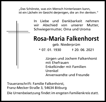 Anzeige von Rosa-Maria Falkenhorst von Kölner Stadt-Anzeiger / Kölnische Rundschau / Express