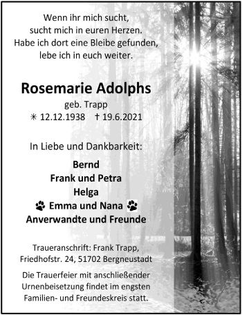 Anzeige von Rosemarie Adolphs von  Anzeigen Echo 