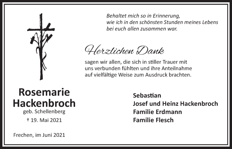  Traueranzeige für Rosemarie Hackenbroch vom 18.06.2021 aus  Wochenende 