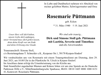 Anzeige von Rosemarie Püttmann von Kölner Stadt-Anzeiger / Kölnische Rundschau / Express
