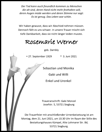 Anzeige von Rosemarie Werner von Kölner Stadt-Anzeiger / Kölnische Rundschau / Express