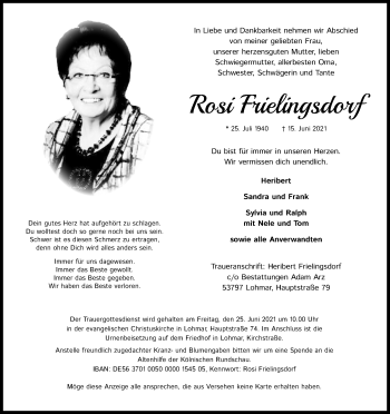 Anzeige von Rosi Frielingsdorf von Kölner Stadt-Anzeiger / Kölnische Rundschau / Express