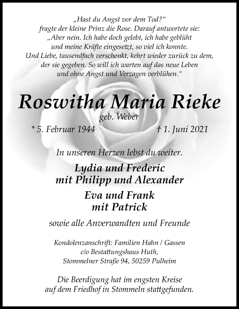  Traueranzeige für Roswitha Maria Rieke vom 12.06.2021 aus Kölner Stadt-Anzeiger / Kölnische Rundschau / Express