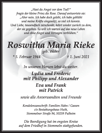 Anzeige von Roswitha Maria Rieke von  Wochenende 
