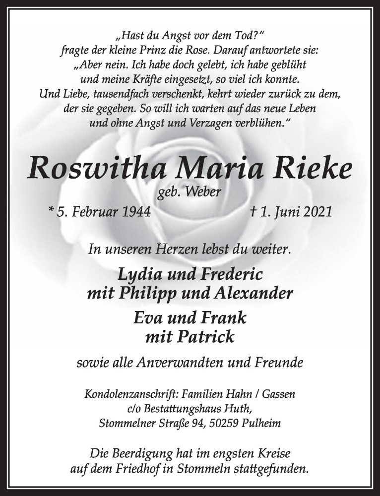  Traueranzeige für Roswitha Maria Rieke vom 11.06.2021 aus  Wochenende 