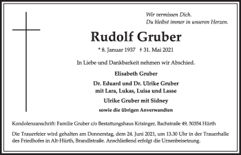 Anzeige von Rudolf Gruber von  Wochenende 