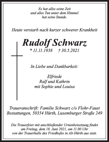 Anzeige von Rudolf Schwarz von  Wochenende 