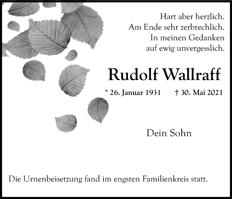  Traueranzeige für Rudolf Wallraff vom 16.06.2021 aus Kölner Stadt-Anzeiger / Kölnische Rundschau / Express