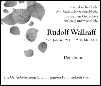Anzeige von Rudolf Wallraff von Kölner Stadt-Anzeiger / Kölnische Rundschau / Express