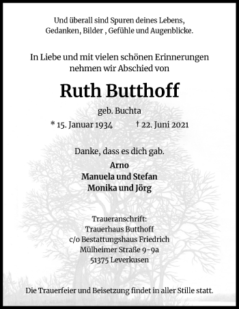 Anzeige von Ruth Butthoff von Kölner Stadt-Anzeiger / Kölnische Rundschau / Express