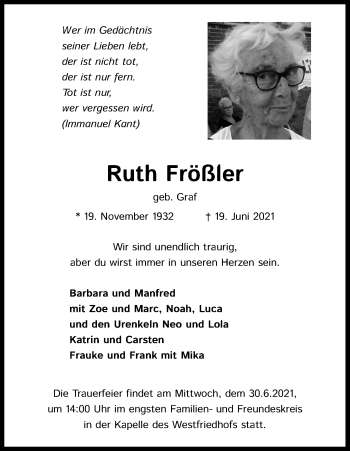 Anzeige von Ruth Frößler von Kölner Stadt-Anzeiger / Kölnische Rundschau / Express