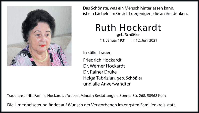  Traueranzeige für Ruth Hockardt vom 19.06.2021 aus Kölner Stadt-Anzeiger / Kölnische Rundschau / Express