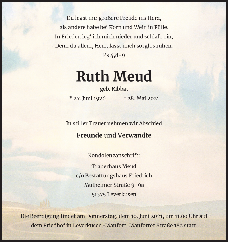  Traueranzeige für Ruth Meud vom 09.06.2021 aus Kölner Stadt-Anzeiger / Kölnische Rundschau / Express