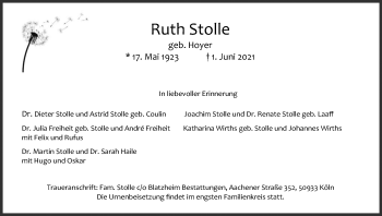 Anzeige von Ruth Stolle von Kölner Stadt-Anzeiger / Kölnische Rundschau / Express