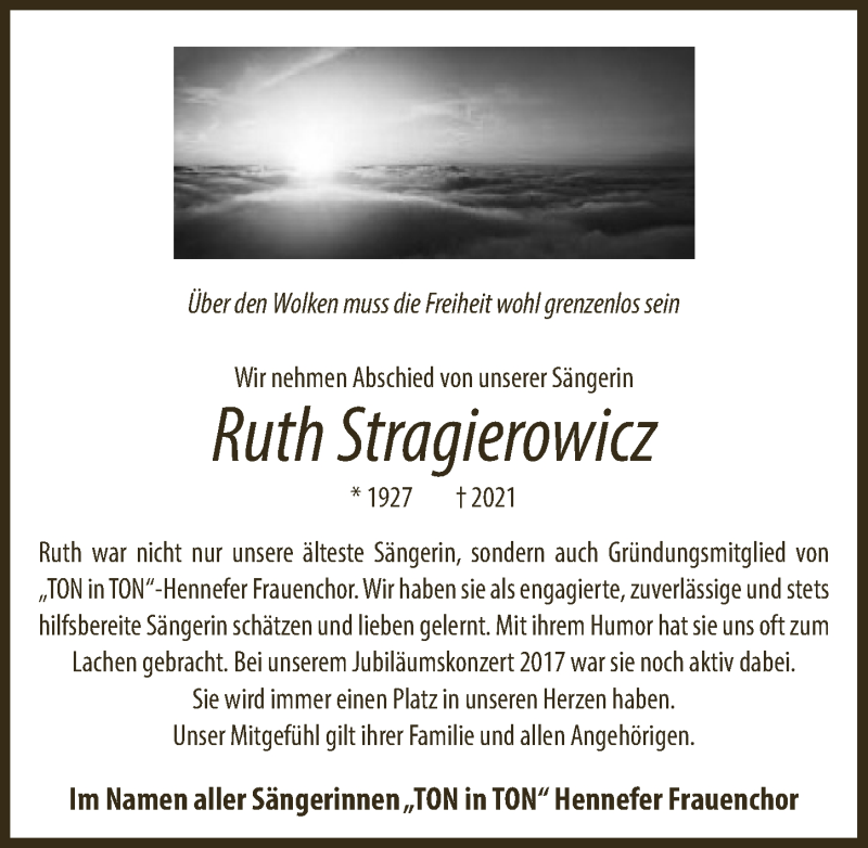  Traueranzeige für Ruth Stragierowicz vom 11.06.2021 aus  Extra Blatt 