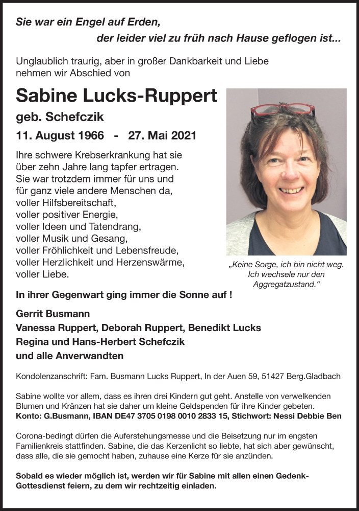  Traueranzeige für Sabine Lucks-Ruppert vom 05.06.2021 aus Kölner Stadt-Anzeiger / Kölnische Rundschau / Express