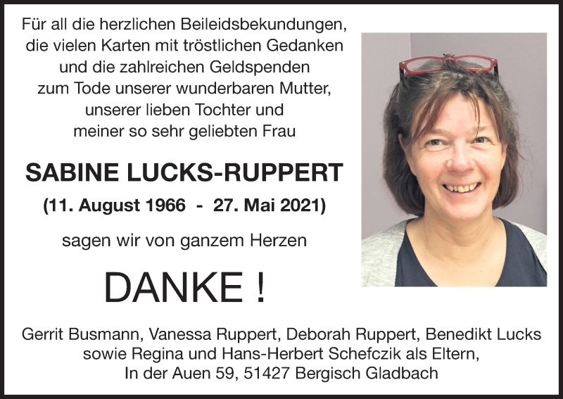  Traueranzeige für Sabine Lucks-Ruppert vom 12.06.2021 aus Kölner Stadt-Anzeiger / Kölnische Rundschau / Express