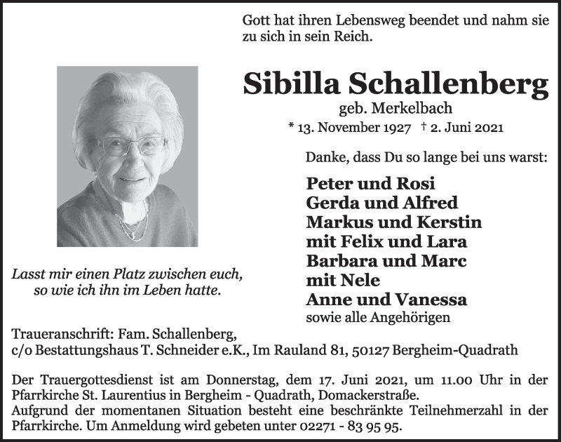  Traueranzeige für Sibilla Schallenberg vom 11.06.2021 aus  Werbepost 
