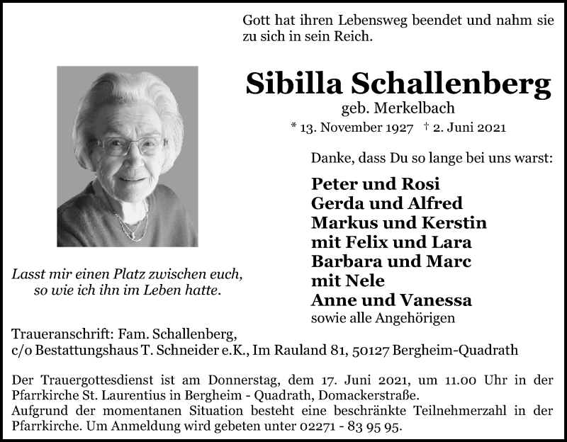  Traueranzeige für Sibilla Schallenberg vom 12.06.2021 aus Kölner Stadt-Anzeiger / Kölnische Rundschau / Express