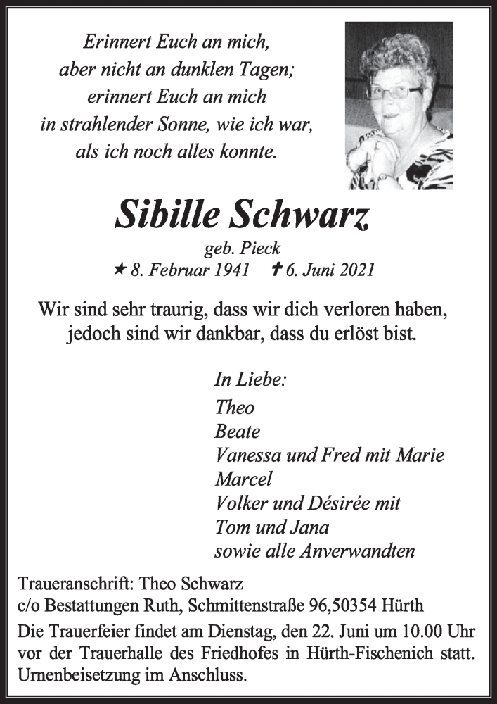  Traueranzeige für Sibille Schwarz vom 11.06.2021 aus  Wochenende 